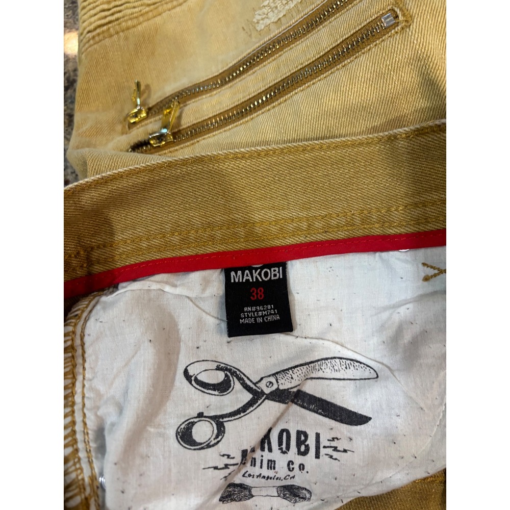 Makobi Mens 38 Distressed Biker Moto Denim Shorts Mustard Yellow Zippers - Picture 5 of 12